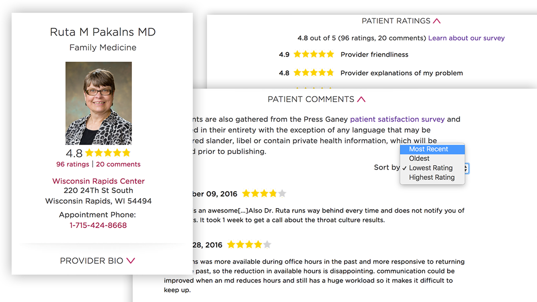 Snapshot of various views of completed provider profile